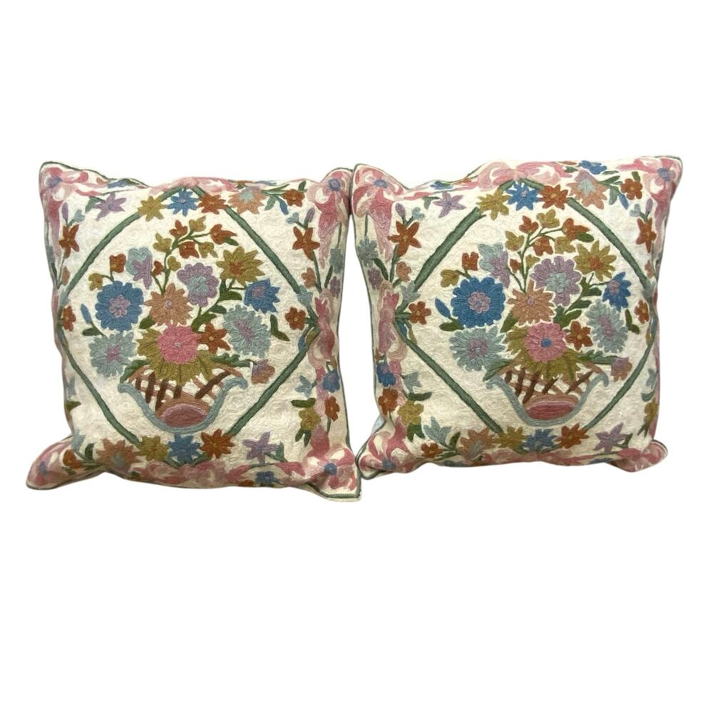 Floral Wool Chain Stitch Tapestry Pillows Size 18 Inch Square